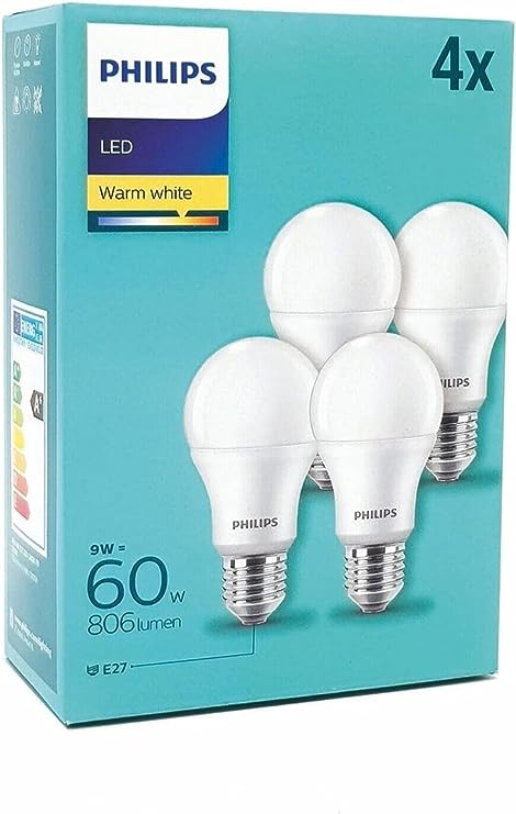 Philips LED Classic A60 Frosted Light Bulb 4 Pack [E27 Edison Screw] 8W - 60W Equivalent, Warm White 2700K, 806 Lumen Non Dimmable