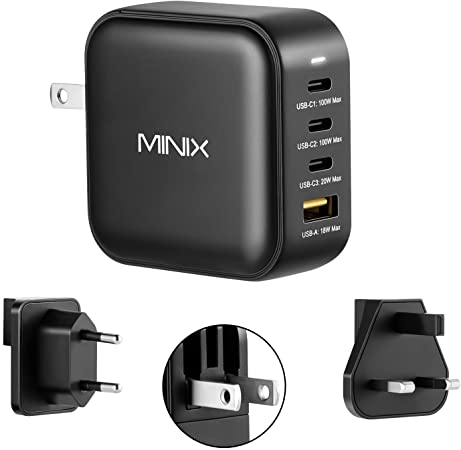 MINIX NEO P3 100W Turbo 4-Ports GaN Wall Charger, 3 x USB-C Port Fast Charging Adapter(Max 100W/20W), 1 USB-A (Max 18W). Compatible with MacBook Pro Air, iPad Pro, iPhone 13,12,Galaxy S9 and More.