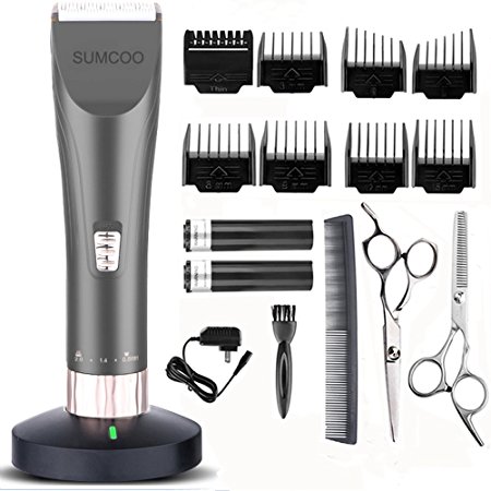 SUMCOO Hair Clippers, Low Noise Professional Cordless Kids Grooming Clippers And Hair Trimmer for Man and Baby 2 Rechargeable Batteries, 8 Combs (Grey)