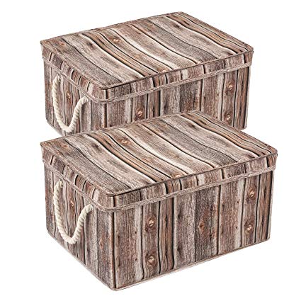 MaidMAX Lidded Basket, Fabric Storage Bins with Lids & Handles for Closet, Bedroom, Living Room, Nursery Room, Decorative Wood Grain Finish, Set of 2