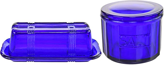 HOME-X Cobalt Blue Glass Butter Dish with Cover and Salt Cellar with Lid, Retro Kitchen Decor, Wedding Gift
