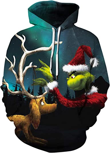 Cocopa Men’s Ugly Christmas Sweater Novelty 3D Graphic Sweatshirts Hoodie Drawstring Pullover Hoodie with Pocket