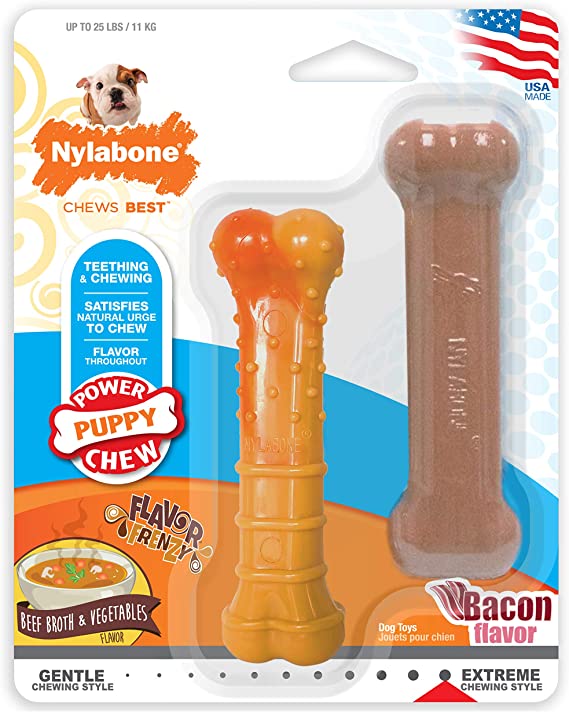 Nylabone Puppy Power Tough Puppy Chew Toys Twin Pack Beef Broth & Vegetables and Bacon Small