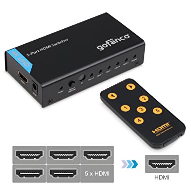 HDMI Switch 4K, gofanco 5 x 1 Powered HDMI Switch Supports up to Ultra HD 4k@30Hz with IR Remote Control and AC Power Adapter, Compliant with HDMI 1.4 HDCP 1.4, 5 Port 5 in 1 out (Switcher5P)