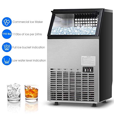 Costzon Commercial Ice Maker, Built-In Stainless Steel Ice Maker, Free-Standing Portable Design for Party Gathering, Restaurant, Bar, Coffee Shop w/Ice Shovel, Hose, Filter (Silver)