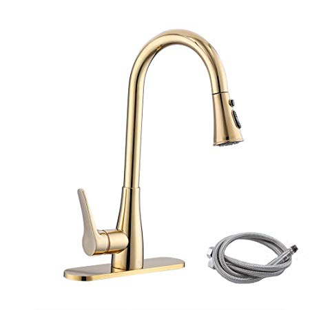 KES cUPC NSF Certified BRASS Singel Handle Pull Down Kitchen Faucet with Retractable Pull Out Wand, High Arc Swivel Spout, Titanium Gold, L6910LF-PG