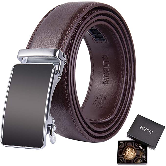 MOZETO Men's Belt, Genuine Leather Ratchet Dress Belt for Men with Automatic Sliding Buckle, Anti-peeling Leather Gift Box
