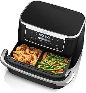 Ninja DZ071 Foodi 6-in-1 DualZone FlexBasket Air Fryer with 7-QT MegaZone & Basket Divider, Large Proteins & Full Meals, Smart Finish Cook 2 Foods 2 Ways, Large Capacity, Air Fry, Bake & More, Black (Renewed)