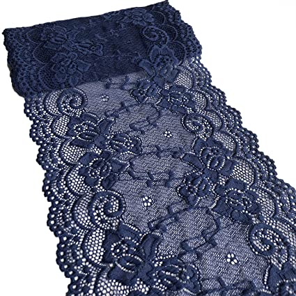 LaceRealm 7 Inch Wide Floral Stretchy Lace Elastic Trim Fabric for Garment & DIY Craft Supply- 5 Yard (7018 Navy)