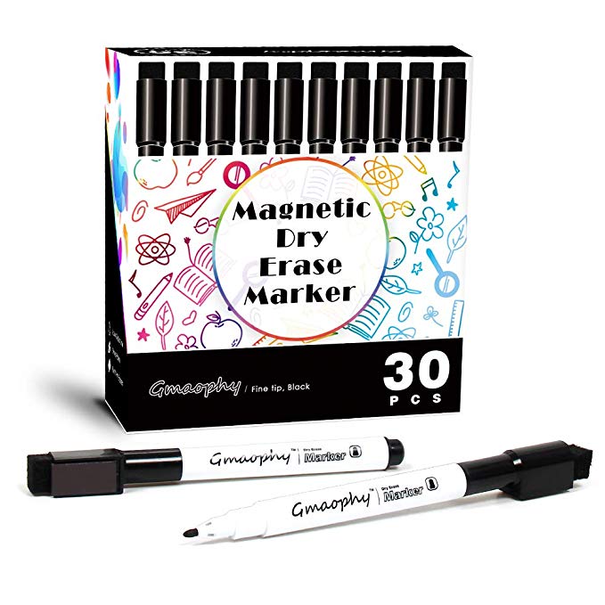 Magnetic Dry Erase Markers - 30 Pcs Black Whiteboard Markers with Eraser Cap, Low Odor Dry Erase Markers for Glass/Whiteboard/Porcelain/Plastic/School/Office