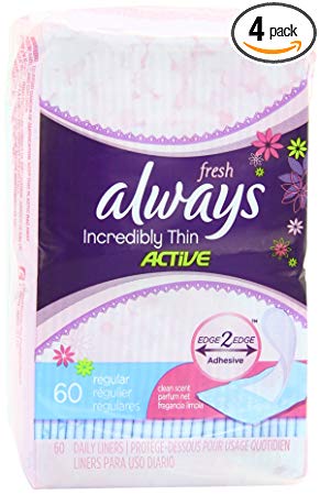 Always Incredibly Thin Active Feminine Panty Liners for Women, Wrapped, Scented 60 Count - Pack of 4 (240 Count Total)