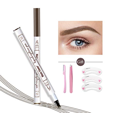 Eyebrow Tattoo Pen, Microblading Eyebrow Pencil with Four Tips,Waterproof Brow, Fork Tip Applicator Creates Natural Looking Brows Effortlessly and Stays All Day(Chestnut)