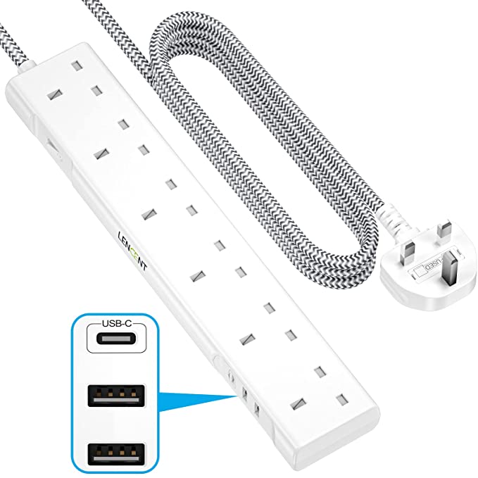 LENCENT Extension Lead with USB C Port, 3250W 13A, 6 Way Outlets Power Strip with 1 USB-C and 2 USB Slots, Multi Power Plug Extension with 1.8M Braided Extension Cord for Home Office, White