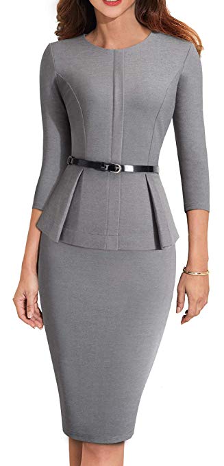 HOMEYEE Women's 3/4 Sleeve Office Wear Peplum Dress with Belt B473