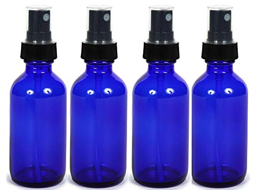 Cobalt Blue Glass Spray Bottle (2 oz, 4 pk) with Bonus Waterproof Labels, Fine Mist Sprayer, for Essential Oils, Colognes & Perfumes, Highest Quality