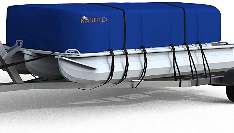 KING BIRD Heavy Duty Pontoon Boat Cover, 600D Anti-Fade Marine Grade Oxford, Waterproof Trailerable UV Resistant with Adjustable 2 Tie-Down Straps