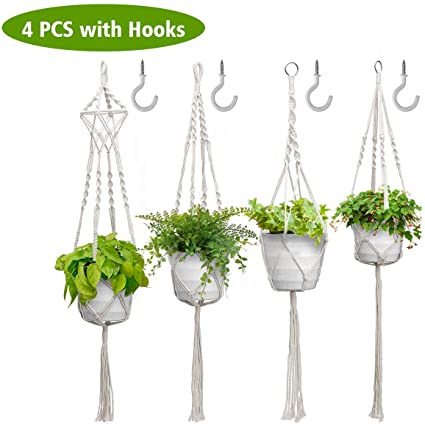 Tvird Macrame Hanging Planter Set of 4 Pack,41 inch of Hanging Planter with 4 Hooks,Handmade Cotton Hanging Plant Holder with 4 Legs for Home,Garden,Office Decor