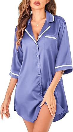 Ekouaer Women's Nightgown Satin Sleep Shirt Button Down Nightshirt 3/4 Sleeve Pajama Dress Notch Neck Boyfriend Sleepwear