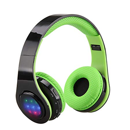 Excelvan Wireless LED Stereo Bluetooth Headphones Over Ear with Mic for Kids Children Women Men, Portable Headset Noise Isolating Headphone for iPhone 7 7plus 6s 6 5s, iPad, Samsung Galaxy (Green)
