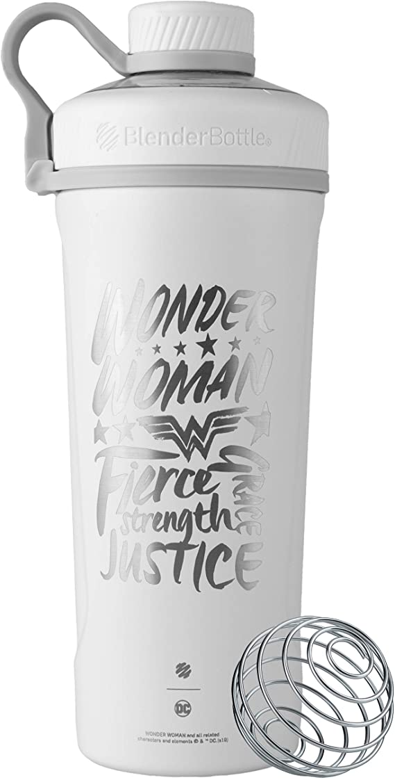 BlenderBottle Justice League Radian Shaker Cup Insulated Stainless Steel Water Bottle with Wire Whisk, 26-Ounce, Wonder Woman