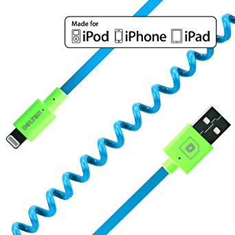 Delton Apple Certified Lightning To USB Sync and Charge Coiled Cable For iPhone 6,6s,6 Plus, 5/5s 5Se iPad/iPod (4 Ft Cable-Blue) Retail Packaging