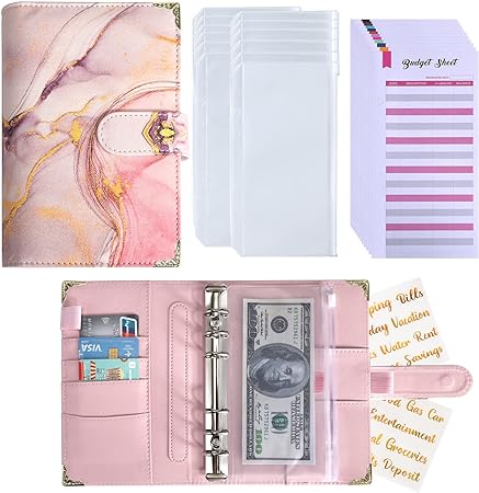 Budget Binder with Zipper Envelopes,A6 Budget Binder Money Organizer for Cash with 12PCS Cash Envelopes,12PCS Budget Sheets, 28 PCS Sticker Labels, Cash Envelopes for Budgeting(Pink)