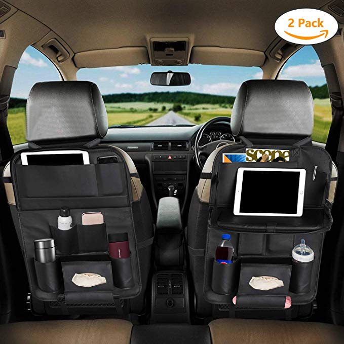 Eocean Car Backseat Protector, Car Backseat Organizer with Leather Foldable Dining Table Tray for Baby and 10 Storage Organizers with Tablet Holder for iPad, Organize All Kids Travel Accessories (2 Pack)