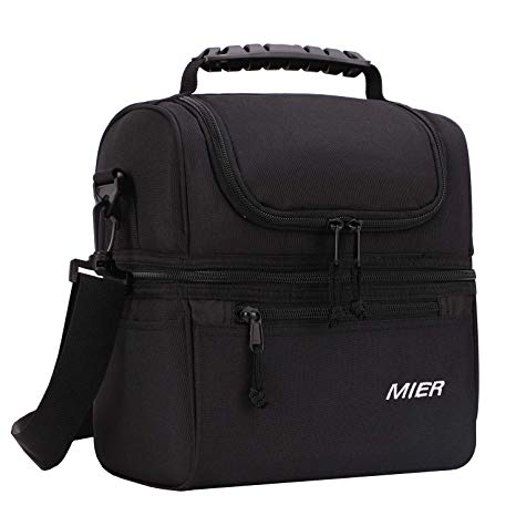 MIER 2 Compartment Lunch Bag for Men Women Kids, Leakproof Insulated Cooler Bag for Work, School, Black