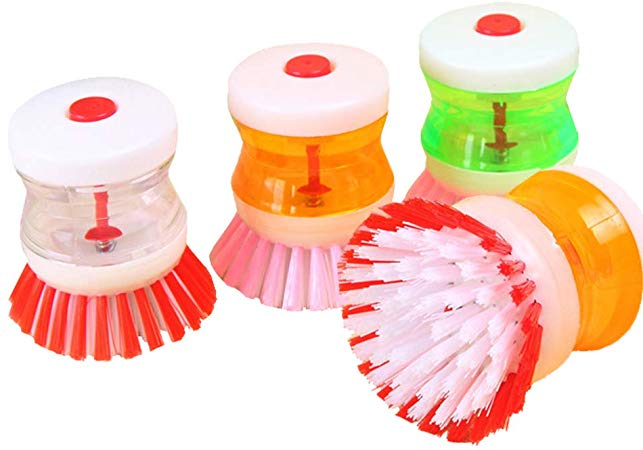 CUGBO Pot/Dish Brush -4 Pcs Soap Dispensing Detergent Scrubber Kitchen Brush Dish Wash Palm Scrubber with Assorted Colors