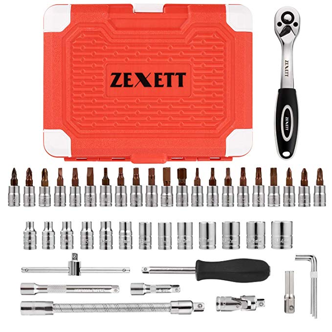 ZEXETT 46-Piece 1/4-Inch Drive Socket Ratchet Wrench Set, Screwdriver Bit Tool Box Set, Chrome Vanadium Steel Repair Hand Tool Kit With Enhanced Storage Casee