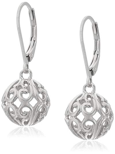 Plated Sterling Silver Filigree Ball Leverback Dangle Earrings