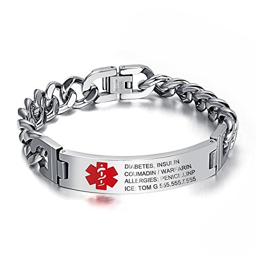 Lam Hub Fong 8.5" Free Engrave Emergency Medical Alert ID Bracelets For Adults Titanium Steel Medical Alert Bracelets For Men