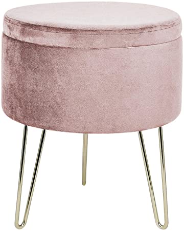 GLOVAL HOME Modern Round Velvet Storage Ottoman Footrest Stool/Seat with Gold Metal Legs & Tray Top Coffee Table,Vanity Stool (Dusty Rose)