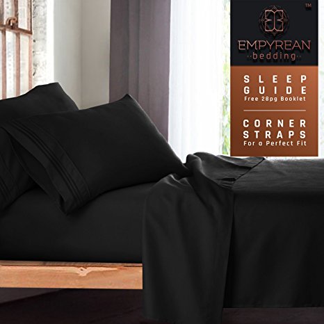 Full Size Bed Sheets Set, Black - Soft Luxury Best Quality 4-Piece Bed Set - Features Special Tight Fit Corner Straps on Extra Deep Pocket Fitted Sheets   Fun "Better Sleep Guide"