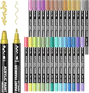 28 Metallic Colors Dual Tip Acrylic Paint Markers, Dot Tip and Fine Tip Acrylic Paint Pens for Rock Painting, Ceramic, Wood, Canvas, Plastic, Glass, Stone, Calligraphy, Card Making, DIY Crafts