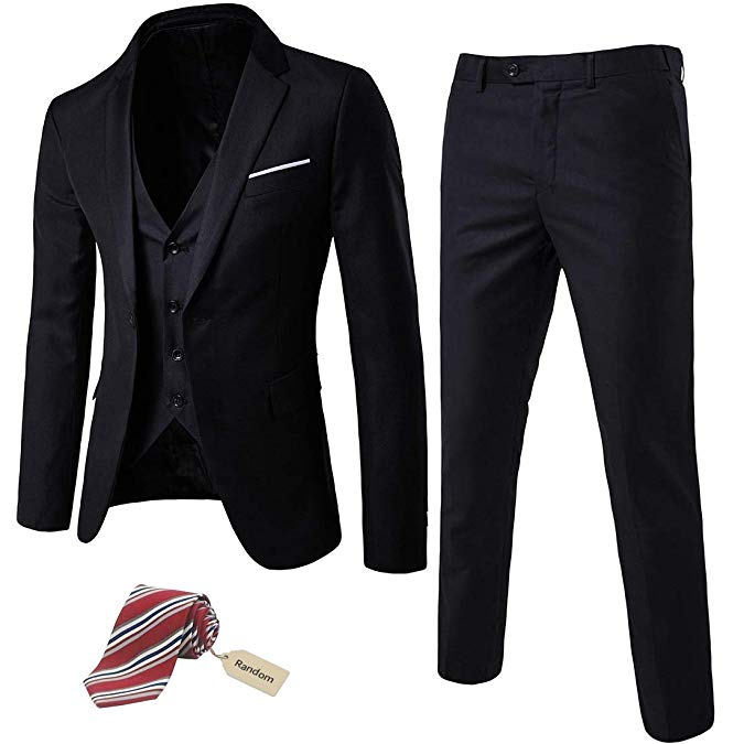 MYS Men’s 3 Piece Slim Fit Suit Set, One Button Blazer Jacket Vest Pants with Tie, Solid Party Wedding Dress, Tux Waistcoat and Trousers