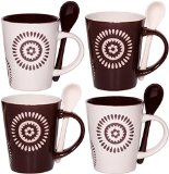 Cafe Style 10 Oz Coffee Mug and Spoon Set of 4 Brown White