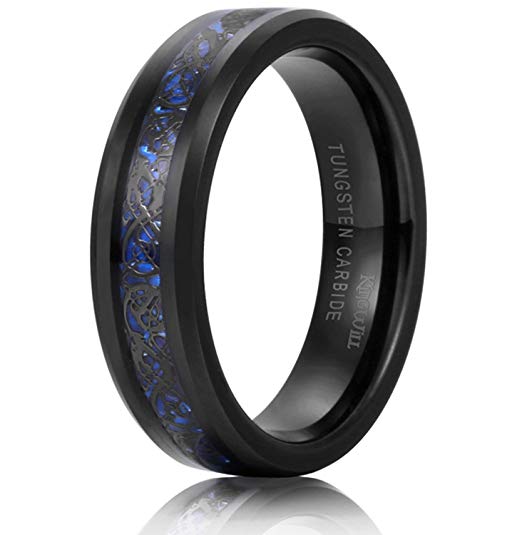 King Will DRAGON Unisex 6mm Black Celtic Dragon Blue Carbon Fiber Tungsten Carbide Ring Comfort Fit