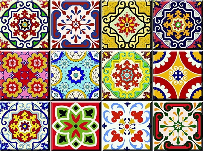 Tile Stickers 24 PC Set Authentic Traditional Talavera Tiles Stickersl Bathroom & Kitchen Tile Decals Easy to Apply Just Peel & Stick Home Decor 6x6 Inch (Mexican Spanish 24pc C55)