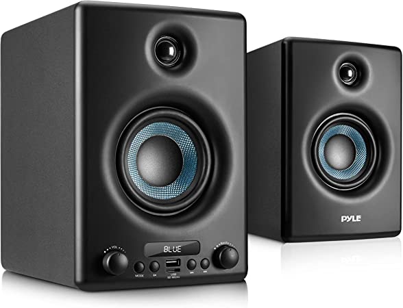 Pyle HiFi Active Bookshelf Speaker with Bluetooth - Audio Stereo Monitor Speaker System, 300W, Professional Quality Sound for PC, TV, Desktops, w/USB, Micro SD, RCA Input, Black - PBKSP33BK