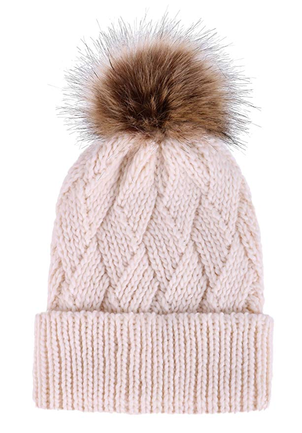 Arctic Paw Diamond Weave Knit Beanie with Faux Fur Pompom