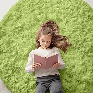 OLANLY Grass Green Round Rugs for Bedroom - Machine Washable, 5x5 Feet Circle Area Rugs for Living Room, Soft Fluffy Shaggy Carpet for Teen Girls and Boys, Dorms, Nursery Rooms, Home Decor Aesthetic