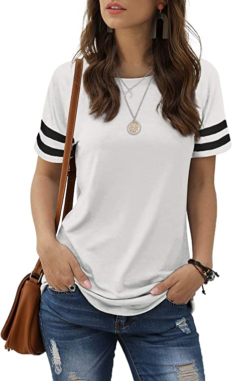 Aokosor T Shirts for Women Striped Sleeve Summer Tops Side Split Casual Tee