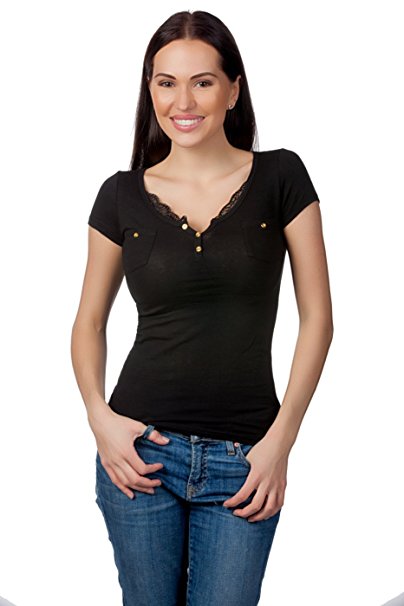 Junior Women's Fitted Henley with Floral Lace T-Shirt
