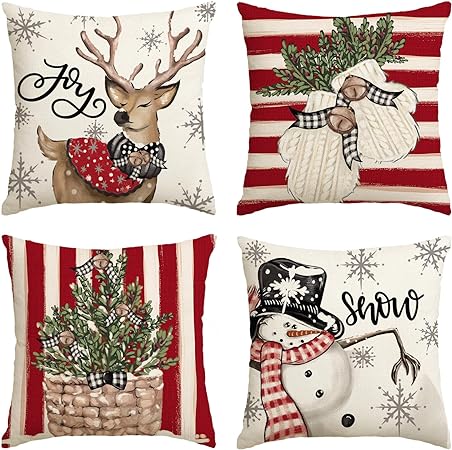 AVOIN colorlife Christmas Snowman Reindeer Gloves Eucalyptus Red Throw Pillow Covers, 16 x 16 Inch Winter Holiday Stripes Cushion Case Decoration for Sofa Couch Set of 4