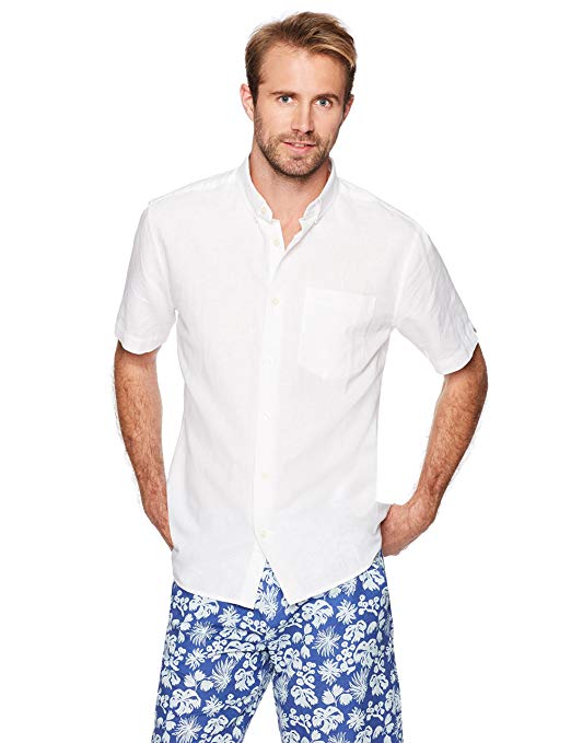 Isle Bay Linens Men's Standard Fit Short Sleeve Toile Vintage Printed Linen Cotton Casual Hawaiian Shirt