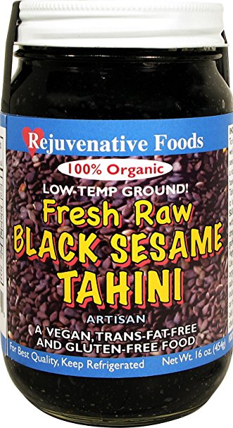 Fresh Raw Organic Black Sesame Tahini Low-Temp-Ground Rejuvenative Foods Pure Seed Butter Artisan-Ayurvedic-Vegan In-Glass Vitamin-Protein-Antioxidant-Mineral-Nutrition USDA-Certified-Organic-16oz