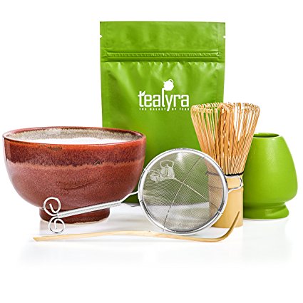 Tealyra - Matcha Tea Ceremony Start Up Kit - Complete Matcha Green Tea Gift Set - Premium Matcha Powder - Japanese Made Red Bowl - Bamboo Whisk and Scoop - Holder - Sifter - Gift Box