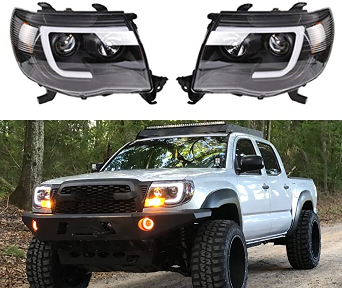 munirater Black Smoked Headlights Pair Driver Passenger Replacement for 2005 2006 2007 2008 2009 2010 2011 Toyota Tacoma LED Tube Type Projector 8111004160, 8111004163