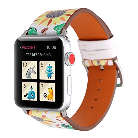 YOSWAN Bracelet for Apple Watch, National Black White Floral Printed Leather Watch Band 38mm 42mm Strap for Apple Watch Flower Design Wrist Watch Bracelet